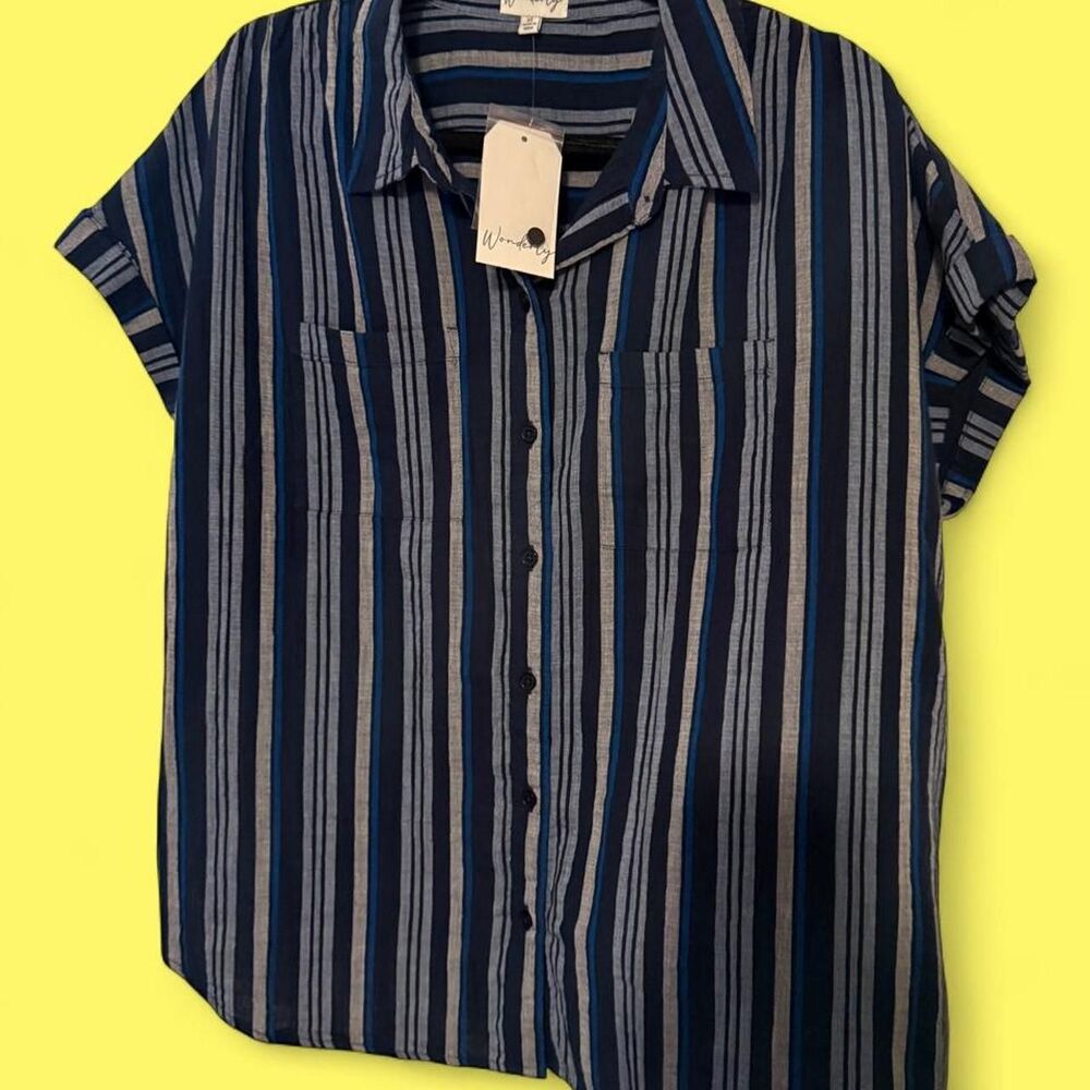 NWT Wonderly Striped capsleeve Button Down Shirt Blue Gray XL